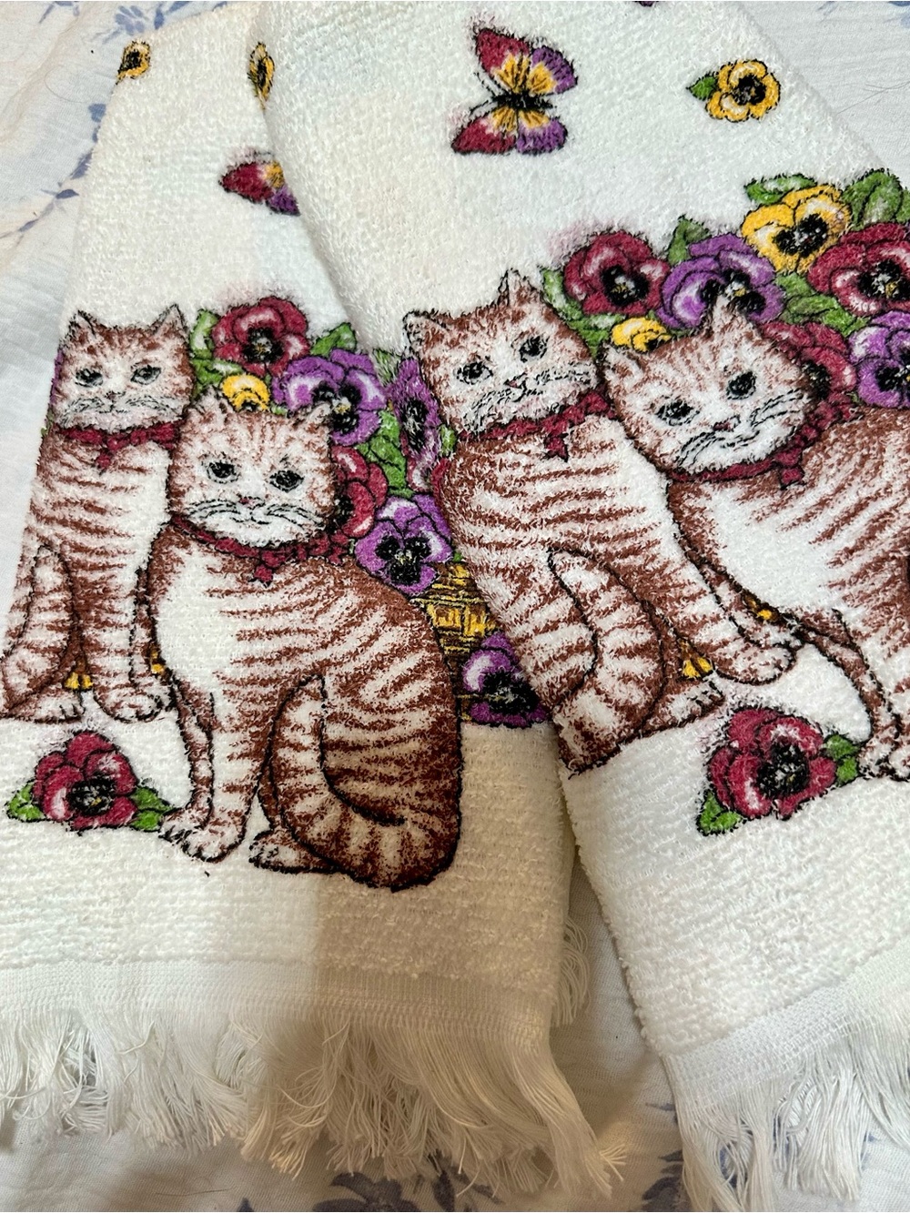 Vintage White Hand Towels with Brown Tabby Cats and Colorful Pansies